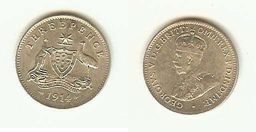 Australian 3 Pence 1914 AU+